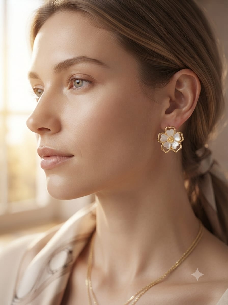 Golden Floral Stud Earrings - View 3