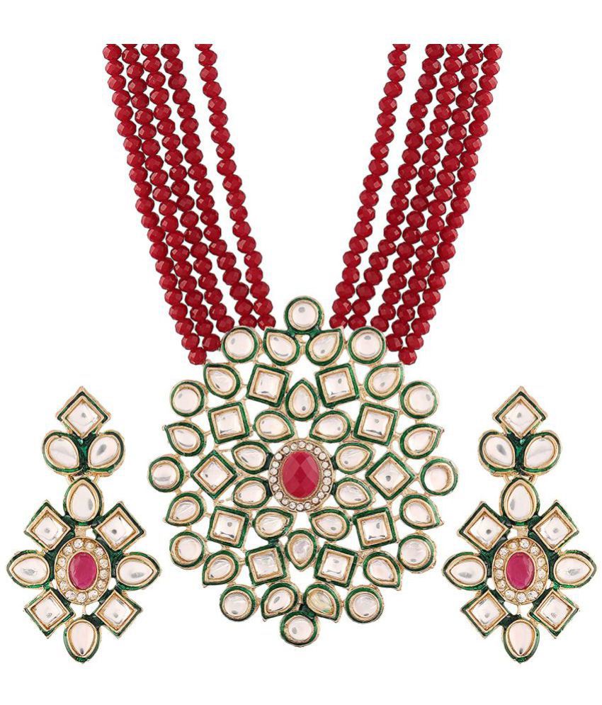 Red Multi-Strand Beaded Kundan Necklace Set