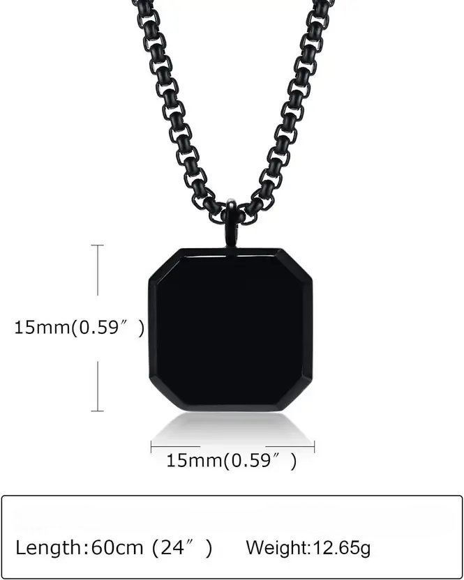 Black geometric pendant necklace worn around the neck