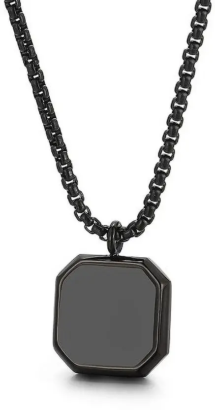 Close-up of black geometric pendant necklace