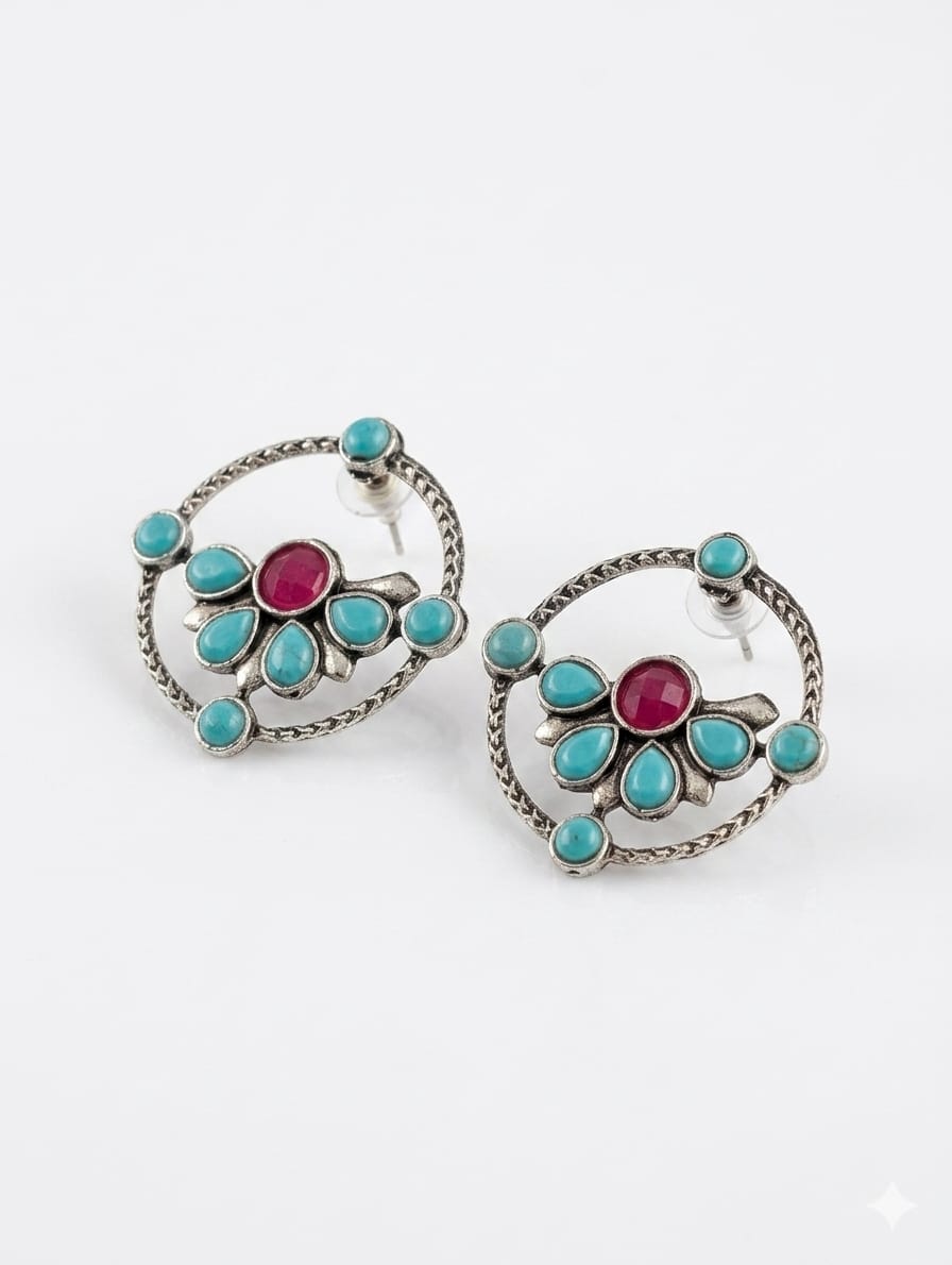 Turquoise Floral Stud Earrings - View 1