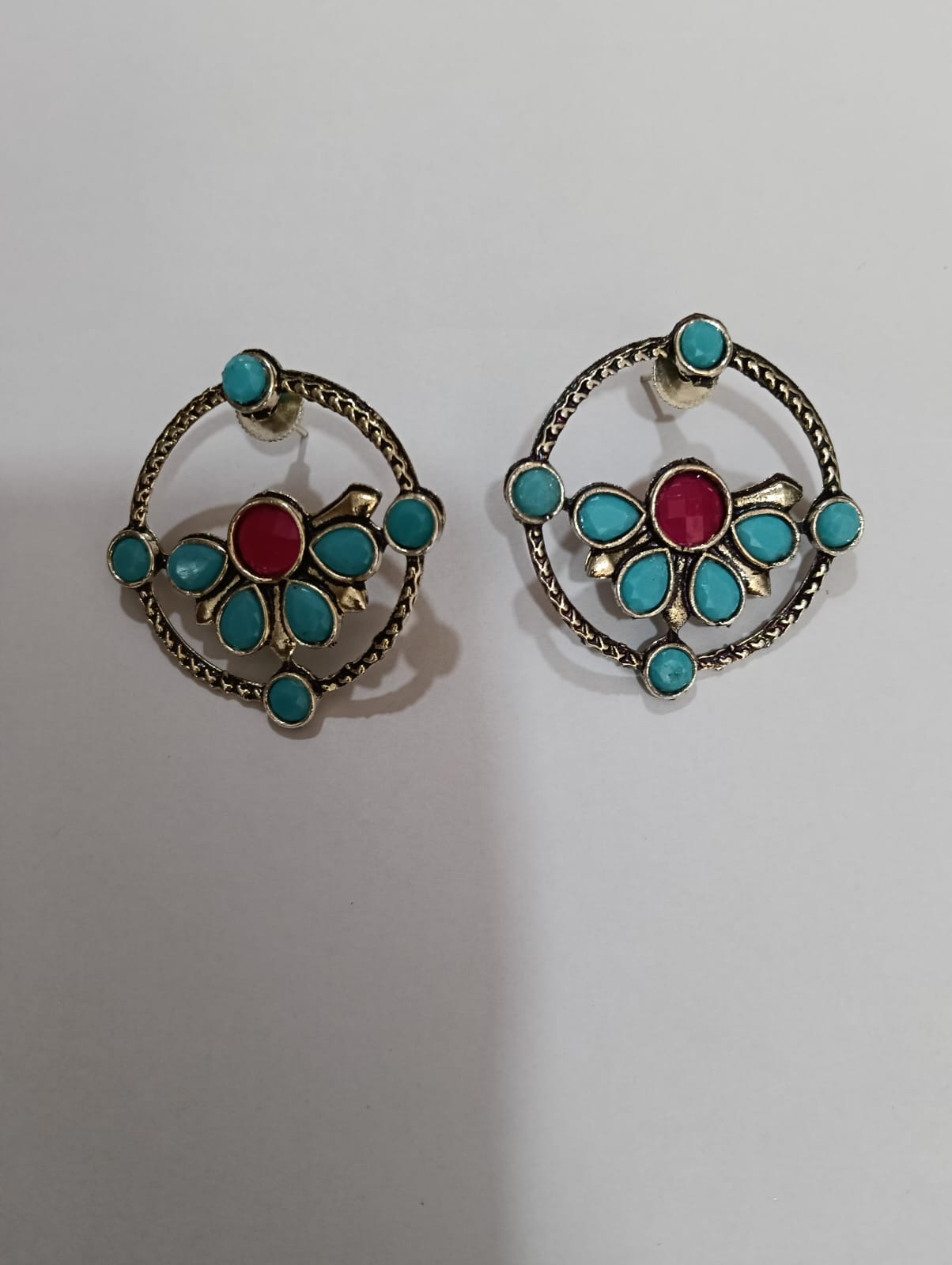 Turquoise Floral Stud Earrings - View 2