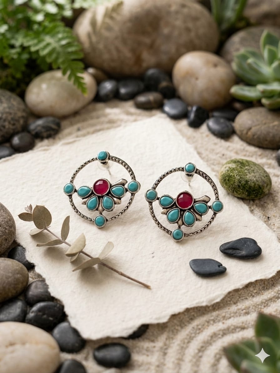 Turquoise Floral Stud Earrings - View 3