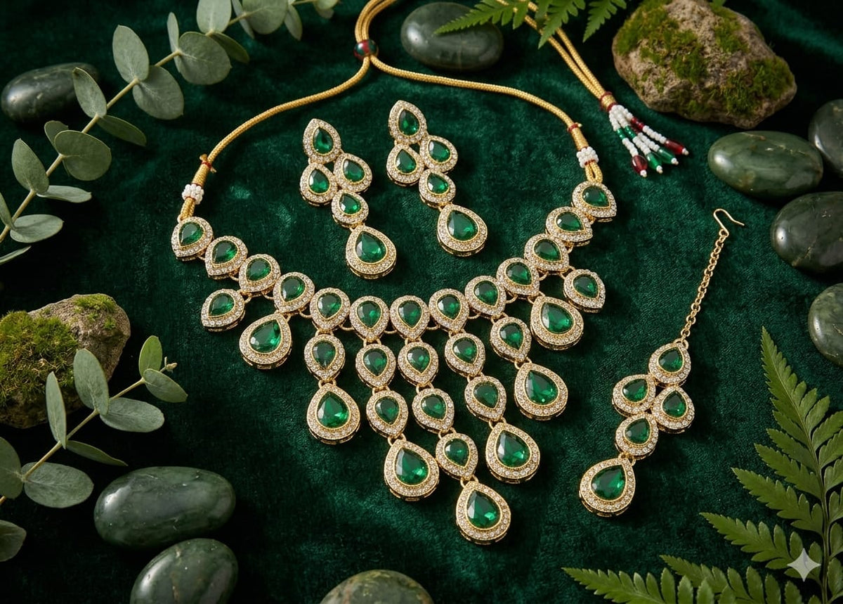Emerald Green Beaded Necklace Set - View 3