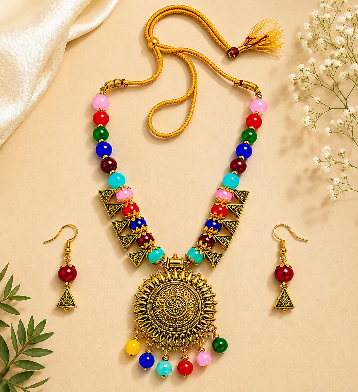 Multicolour Beaded Pendant Necklace Set - View 1