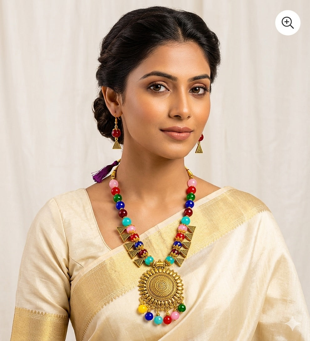 Multicolour Beaded Pendant Necklace Set - View 2