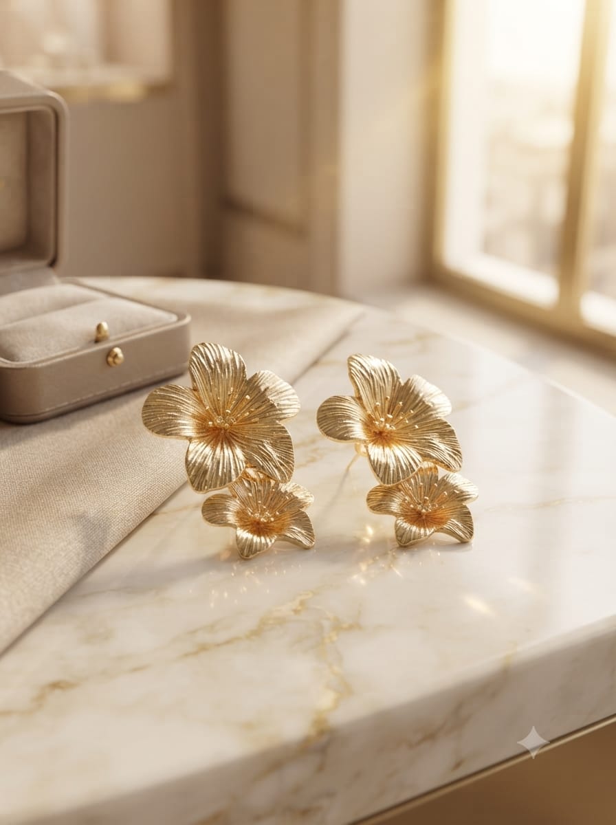 Golden Floral Stud Earrings - View 1