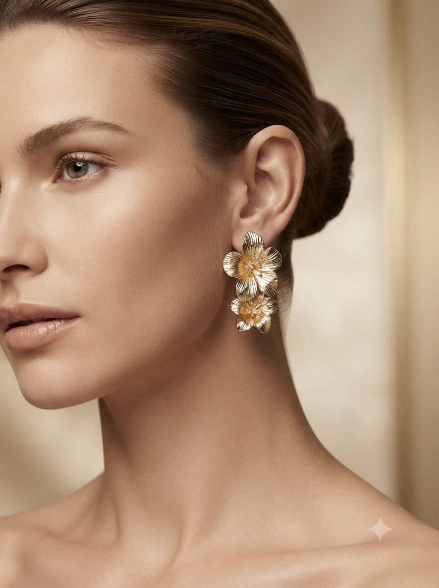 Golden Floral Stud Earrings - View 2