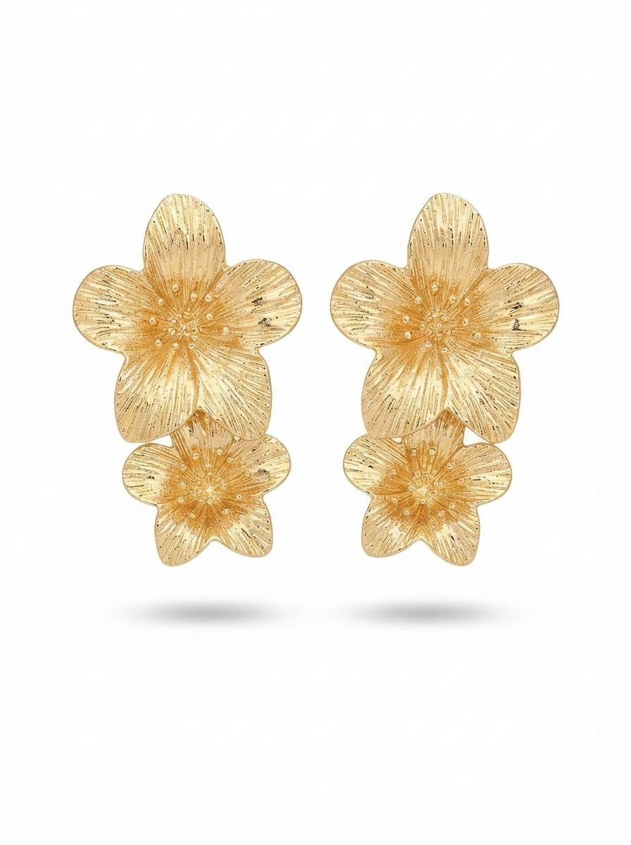 Golden Floral Stud Earrings - View 3