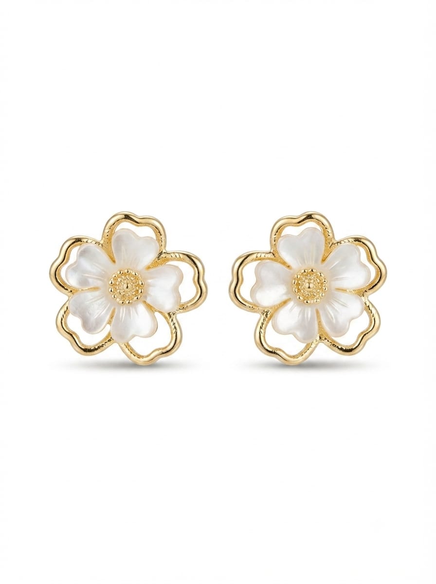 Golden Floral Stud Earrings - View 1