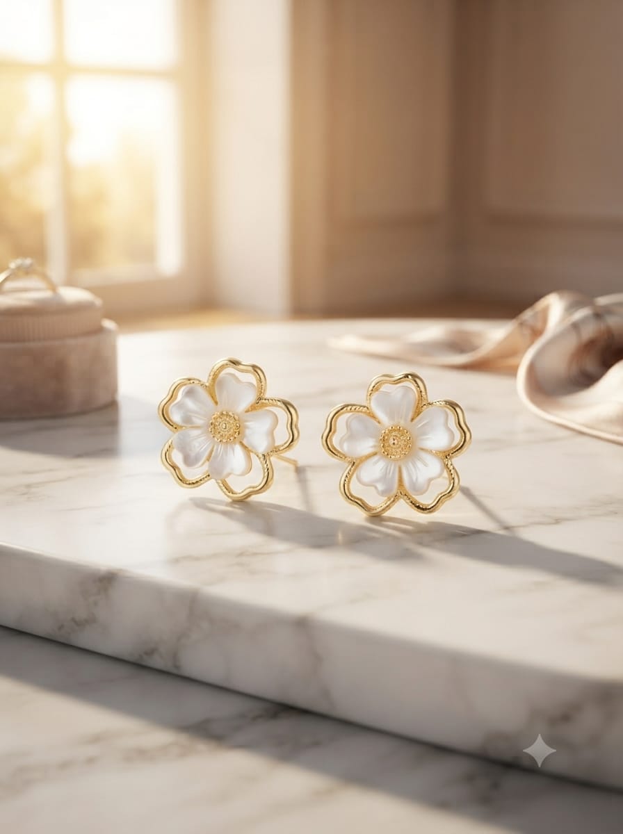Golden Floral Stud Earrings - View 2