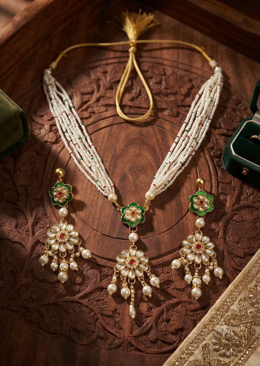 Pearl & Stone Traditional Necklace Set - View 2