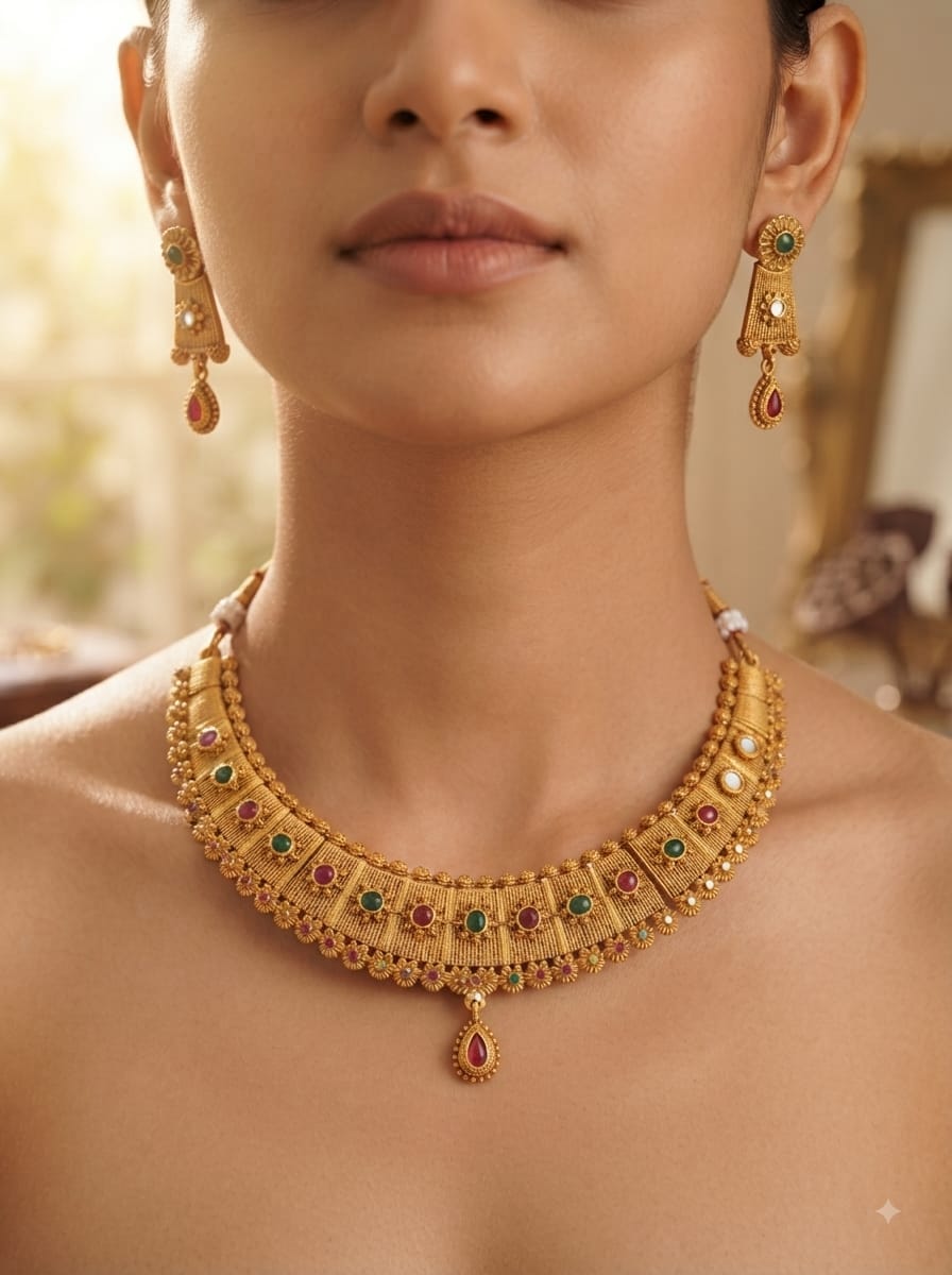 Traditional Gold-Tone Bridal Necklace Set - View 4