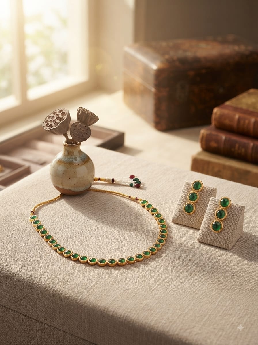 Green Stone Beaded Necklace Set - View 2