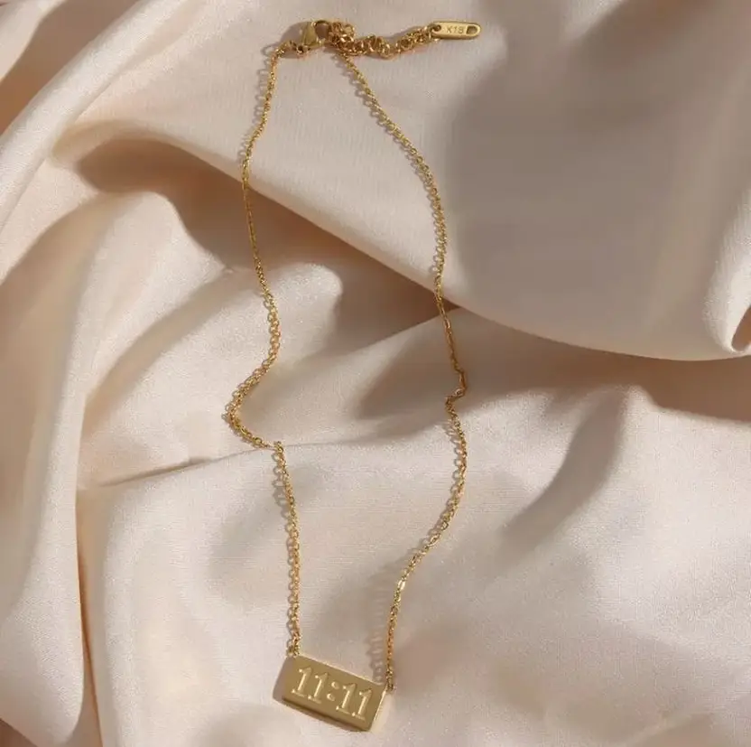11:11 gold-tone rectangular pendant necklace styling view