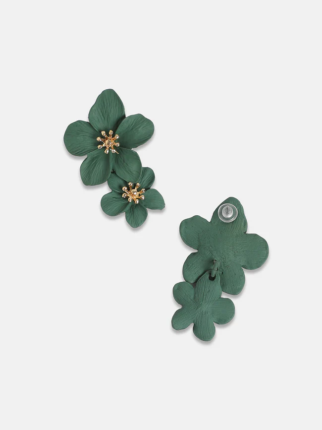 Back view of emerald green floral dangle earrings