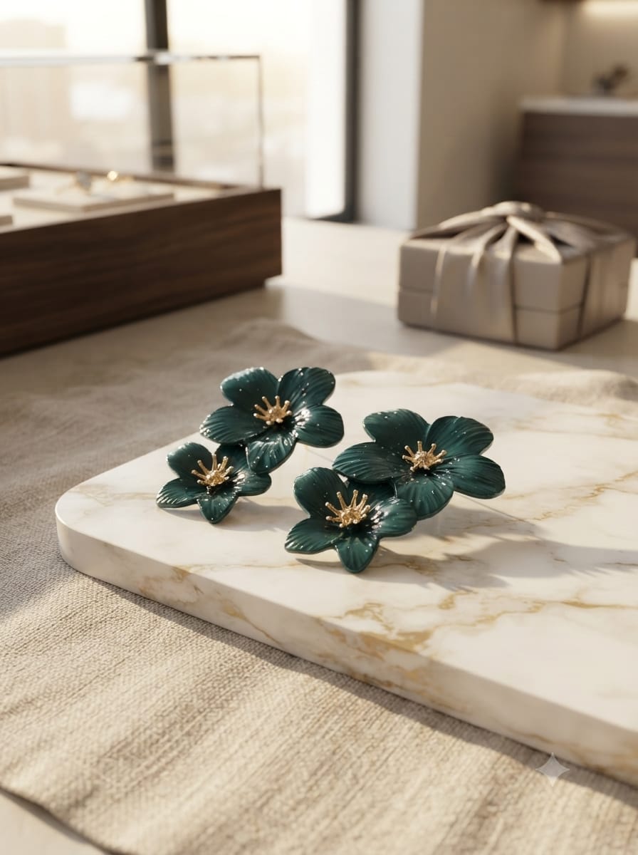 Emerald green floral earrings worn close-up