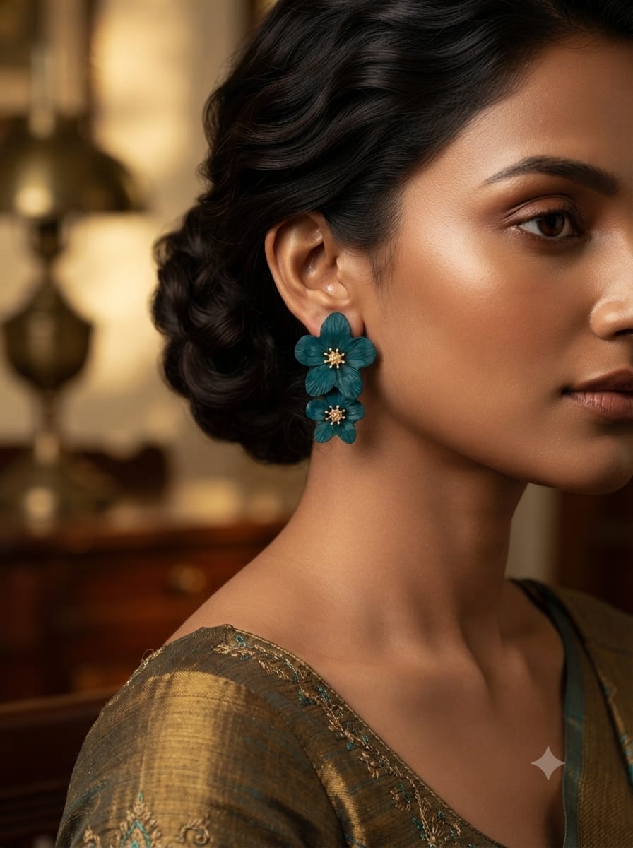 Emerald green floral dangle earrings worn on model