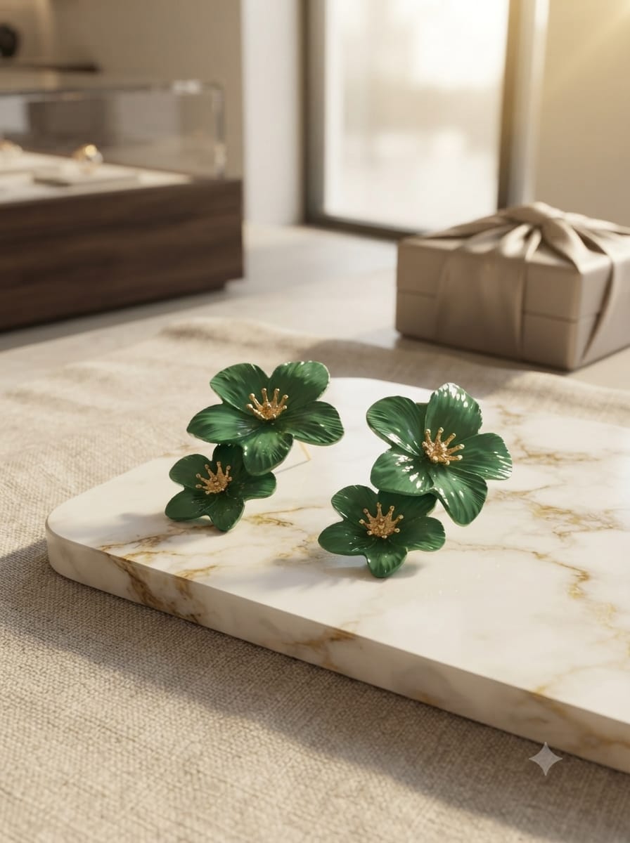 Green layered floral dangle earrings product view