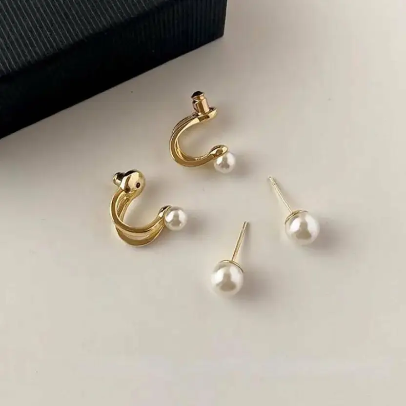 Gold-tone pearl hoop earrings with removable stud backs
