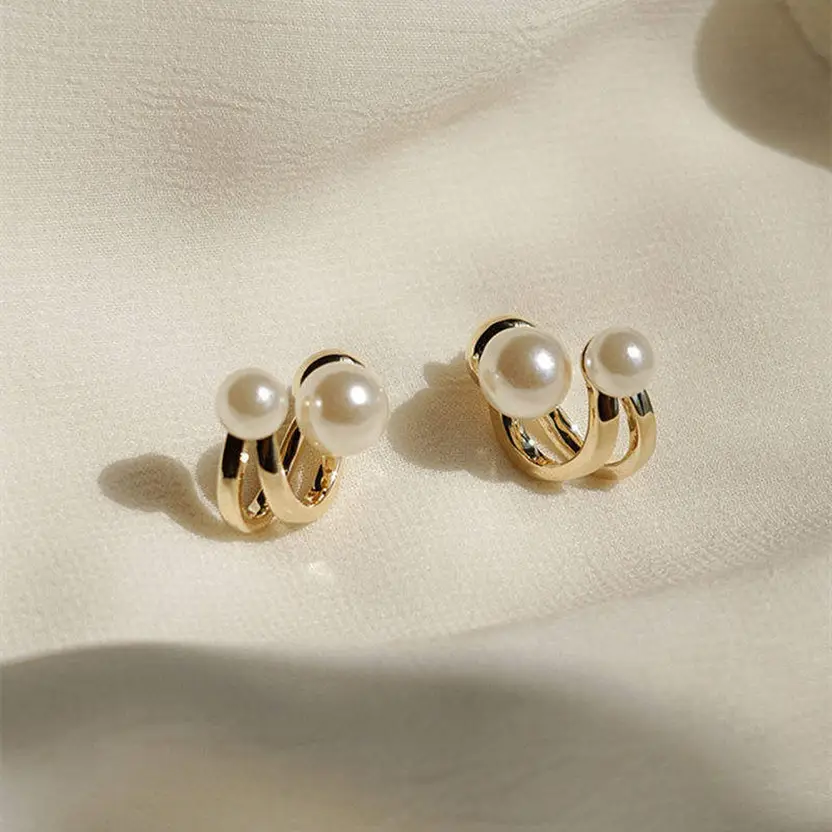 Gold-tone pearl double hoop earrings pair