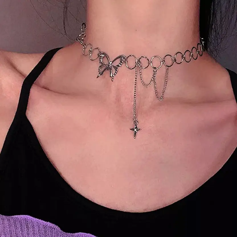 Silver-tone butterfly and star charm chain necklace