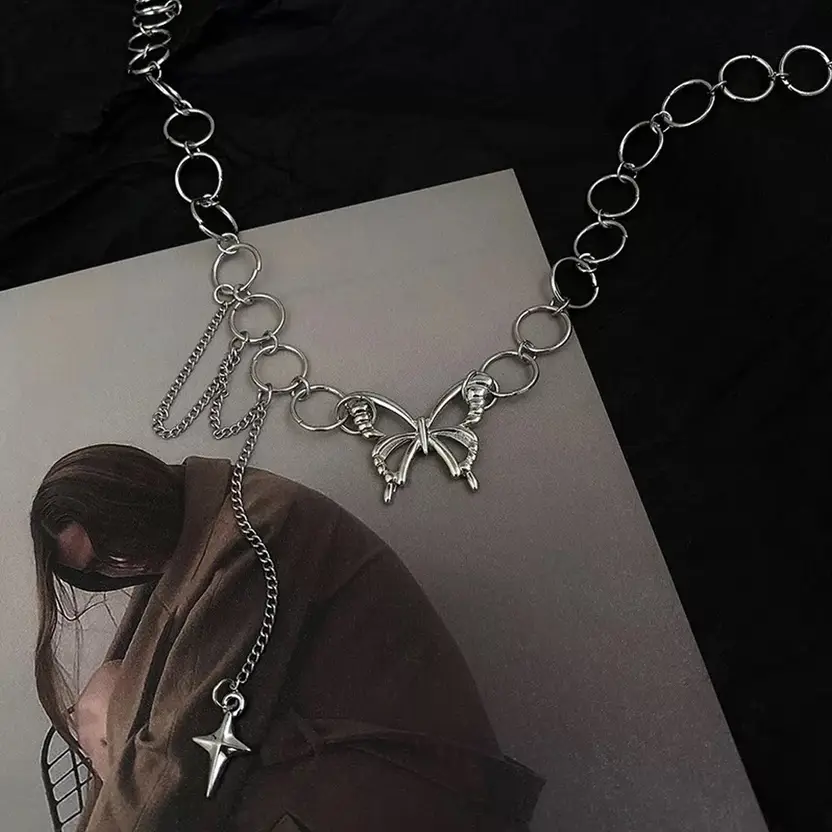 Silver-tone butterfly and star charm necklace product view