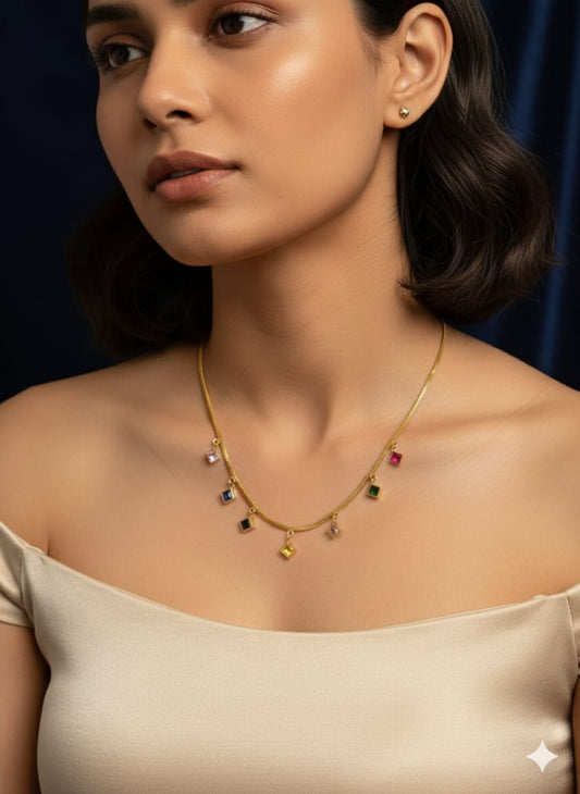 Gold-tone necklace with multicolour square gemstone charms