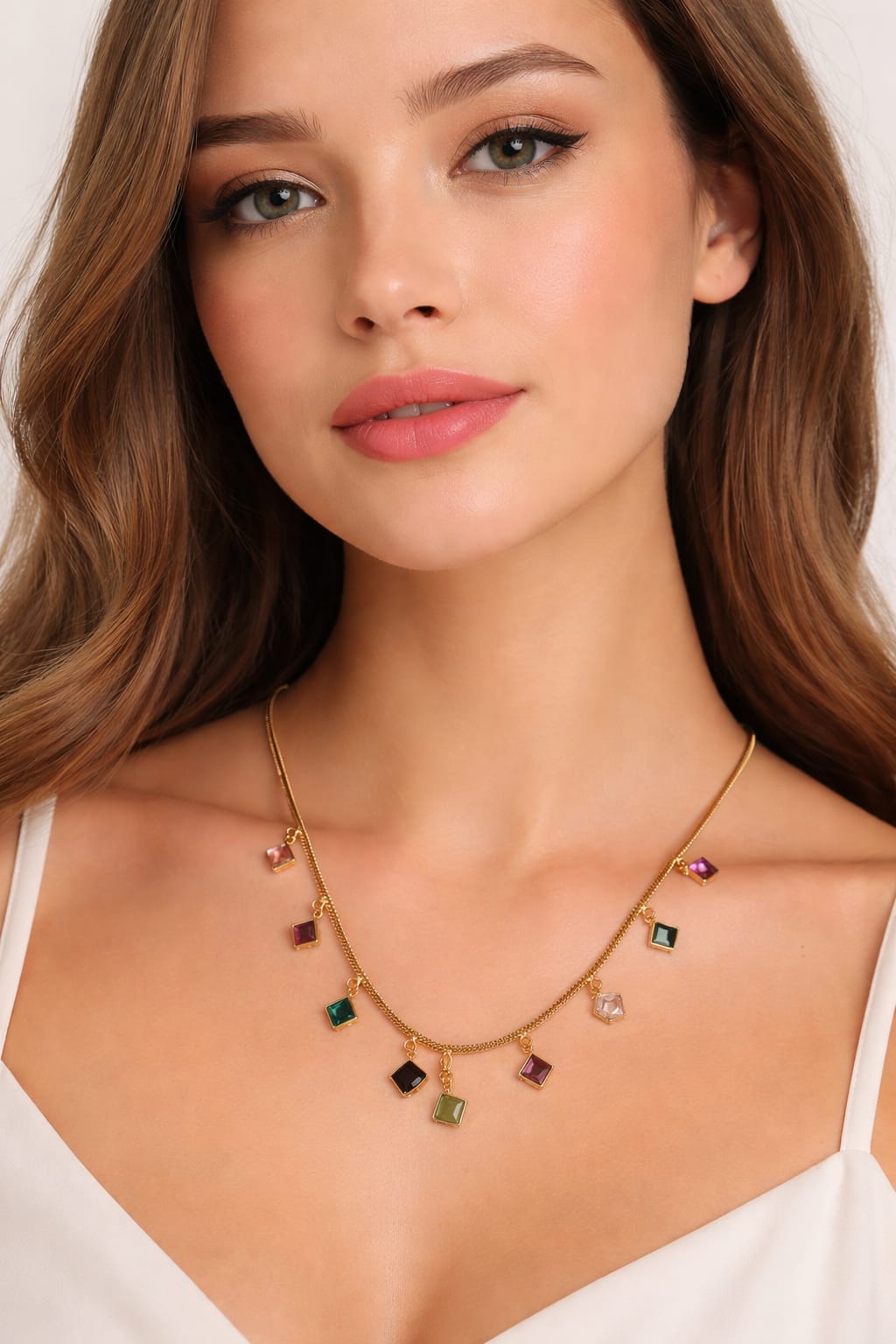 Multicolour square charm necklace worn as a statement necklace
