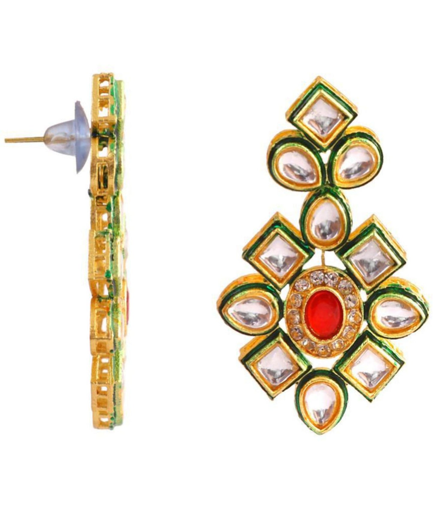 Red Beaded Kundan Necklace Set with Earrings - Side View
