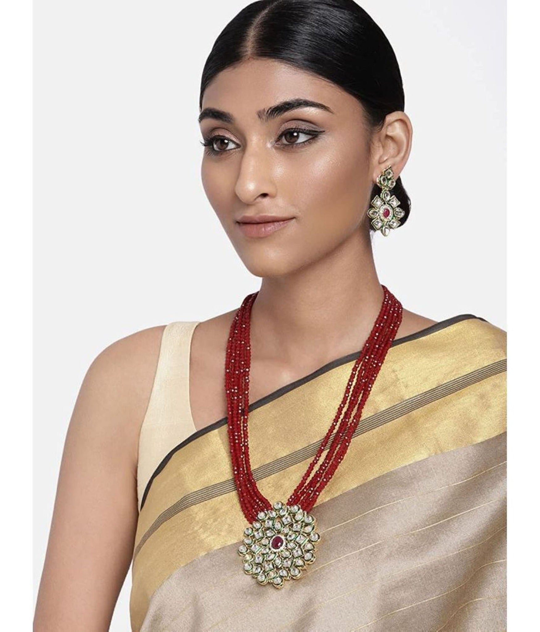 Red Beaded Kundan Necklace Set Styled on Model