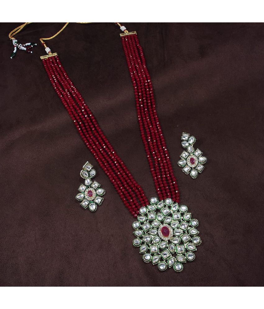 Red Beaded Kundan Necklace Set with Matching Earrings