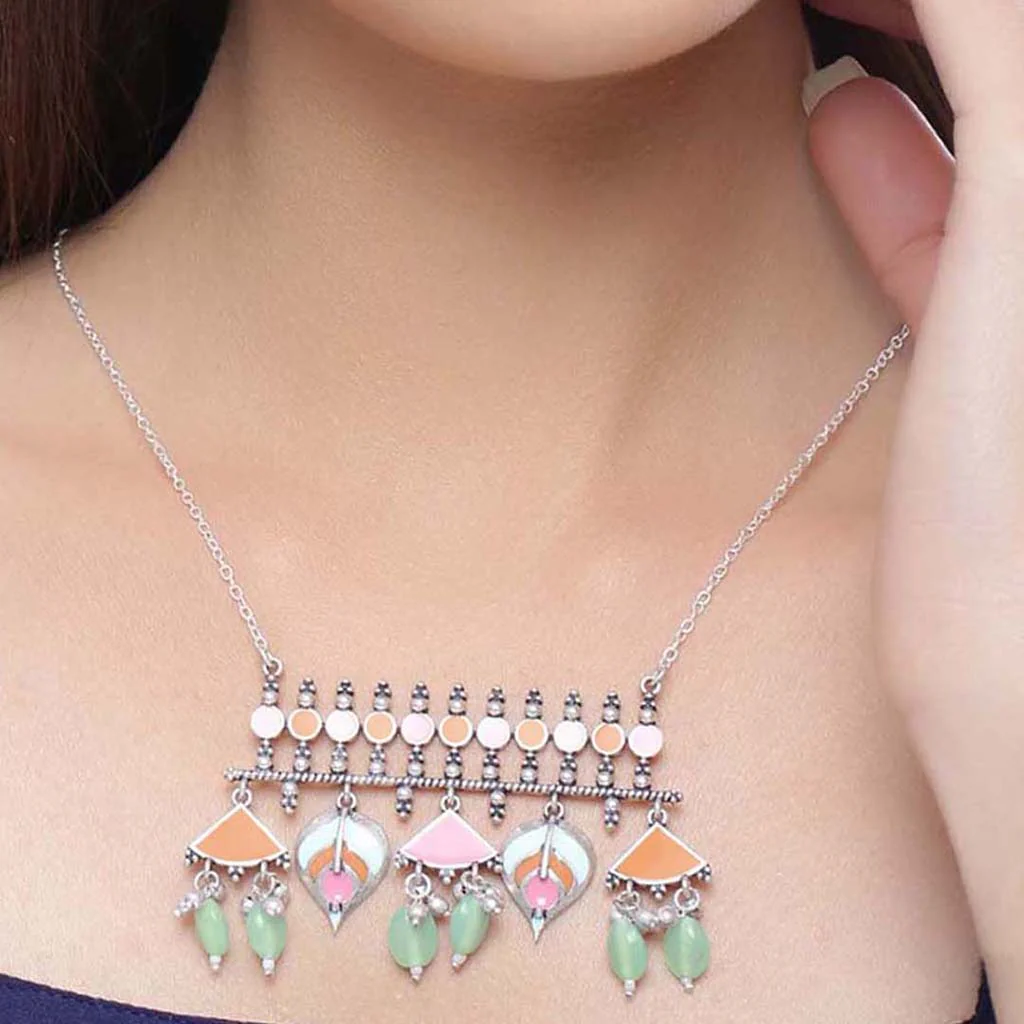 Multicolour silver-tone statement necklace with detailed pastel pendant design