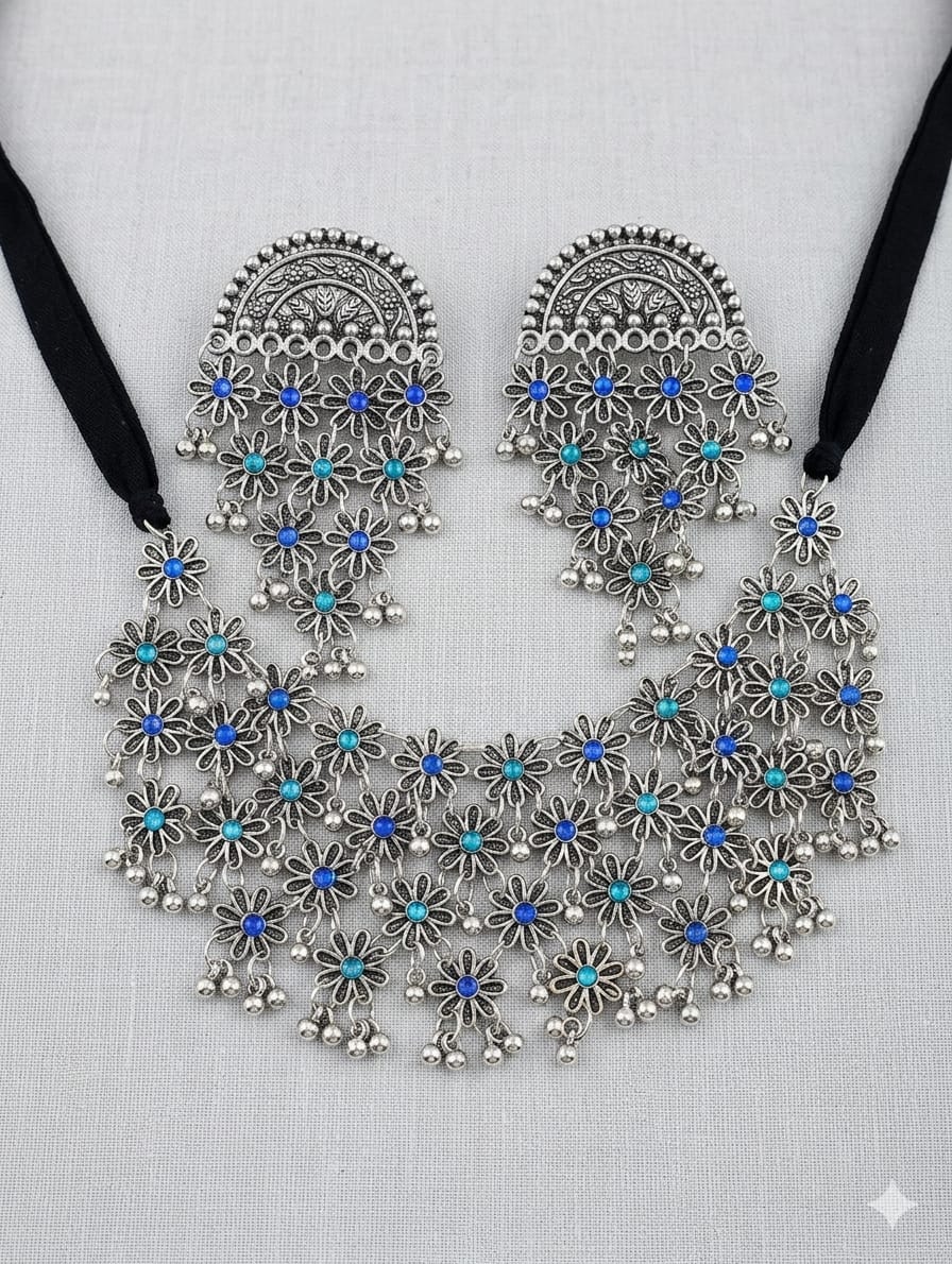 Blue and turquoise floral oxidised silver-tone necklace set with matching earrings