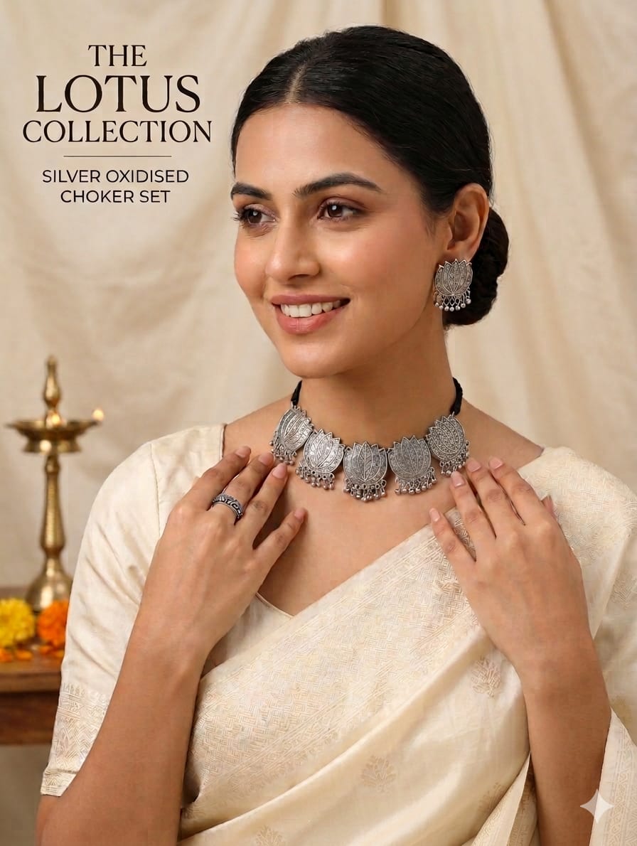 Silver oxidised lotus choker set displayed on white background