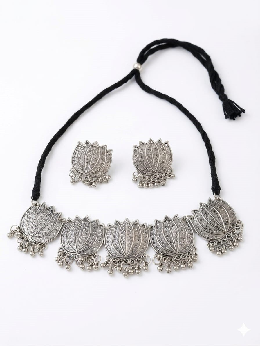 Silver oxidised lotus choker necklace set product view