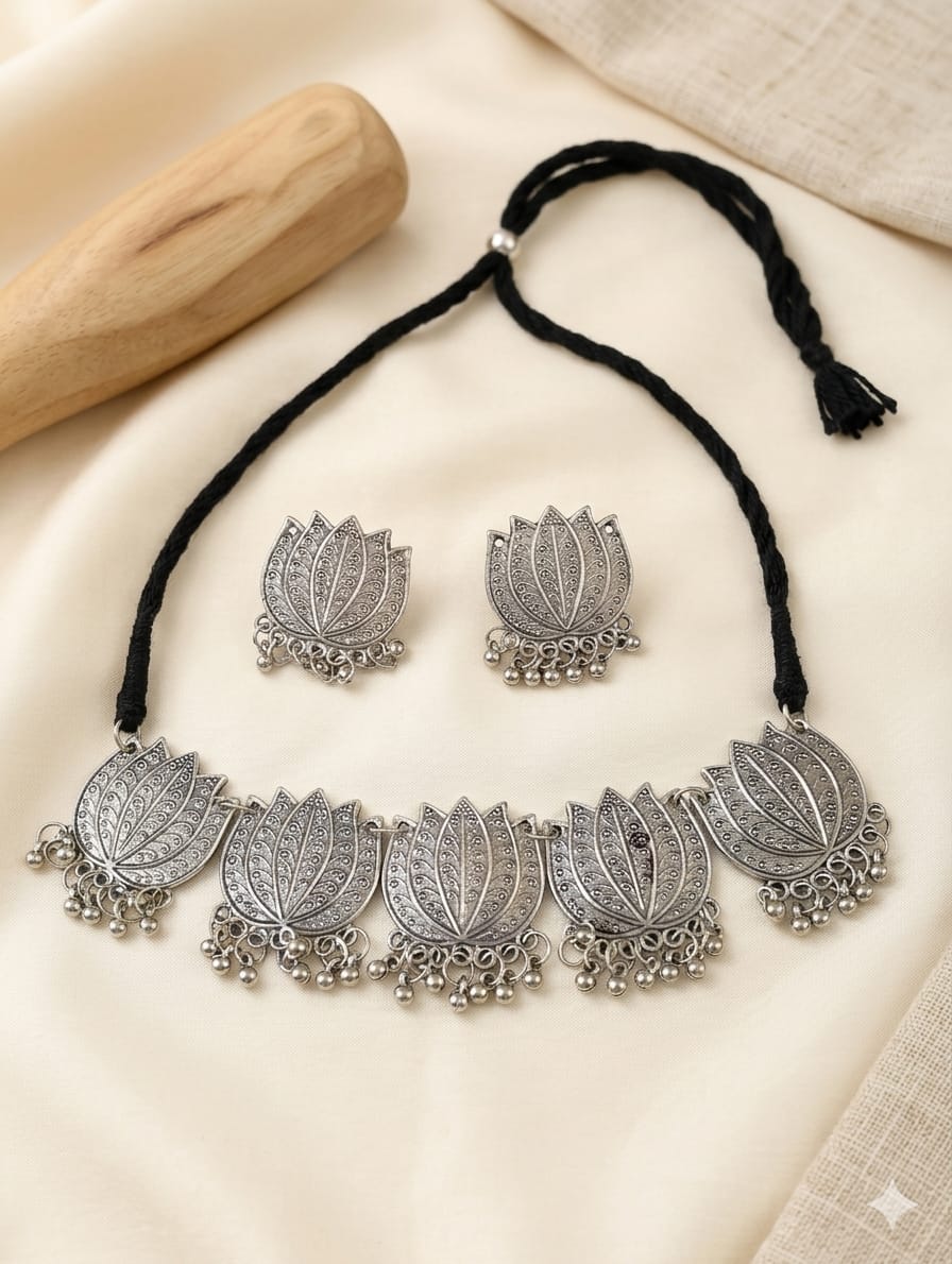 Silver oxidised lotus choker necklace and matching earrings