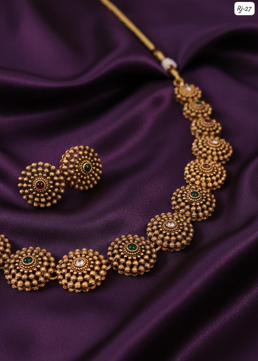 Gold-Tone Beaded Multicolour Necklace Set on Model