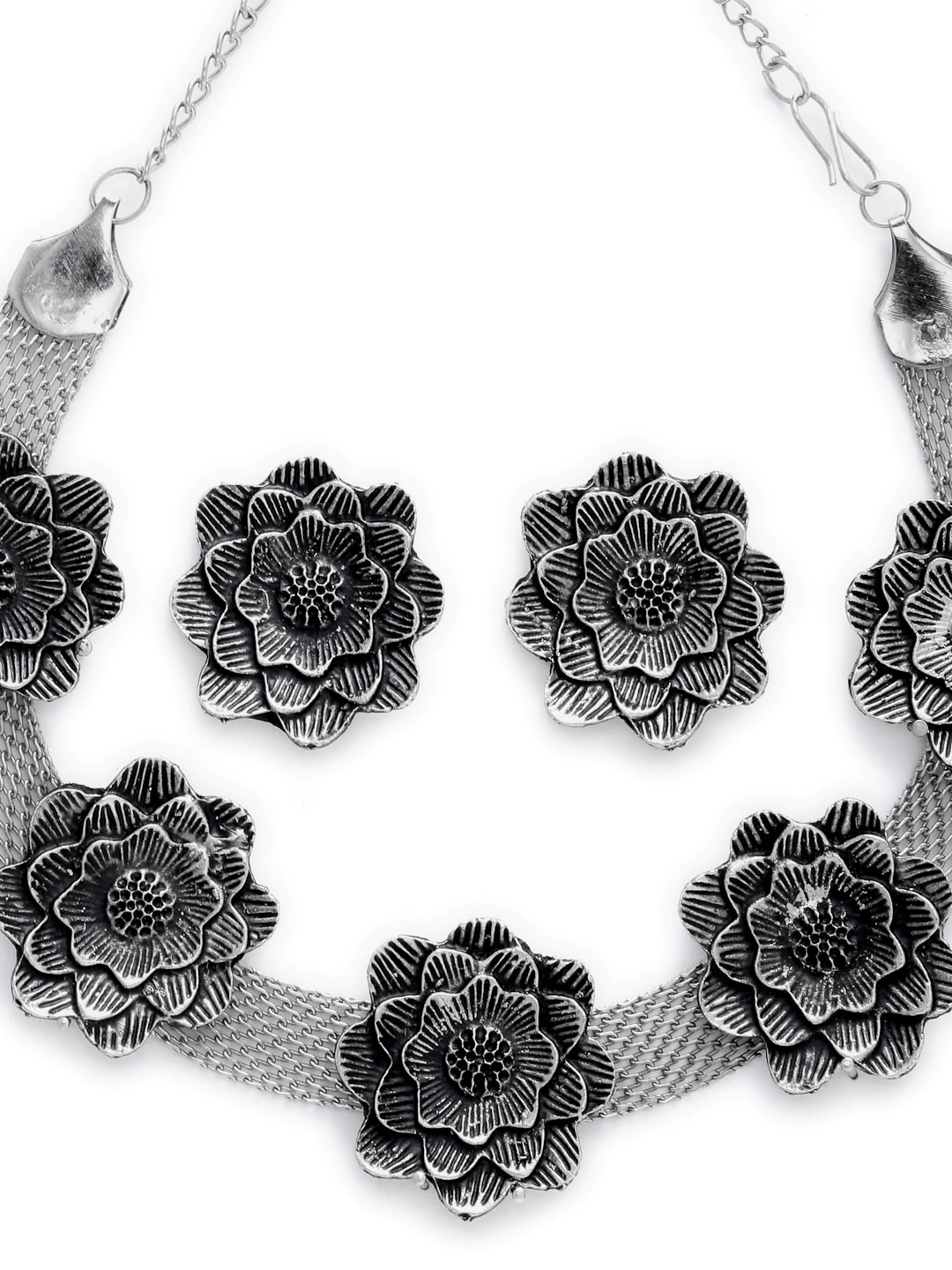 Oxidised silver-tone floral necklace set with matching flower stud earrings