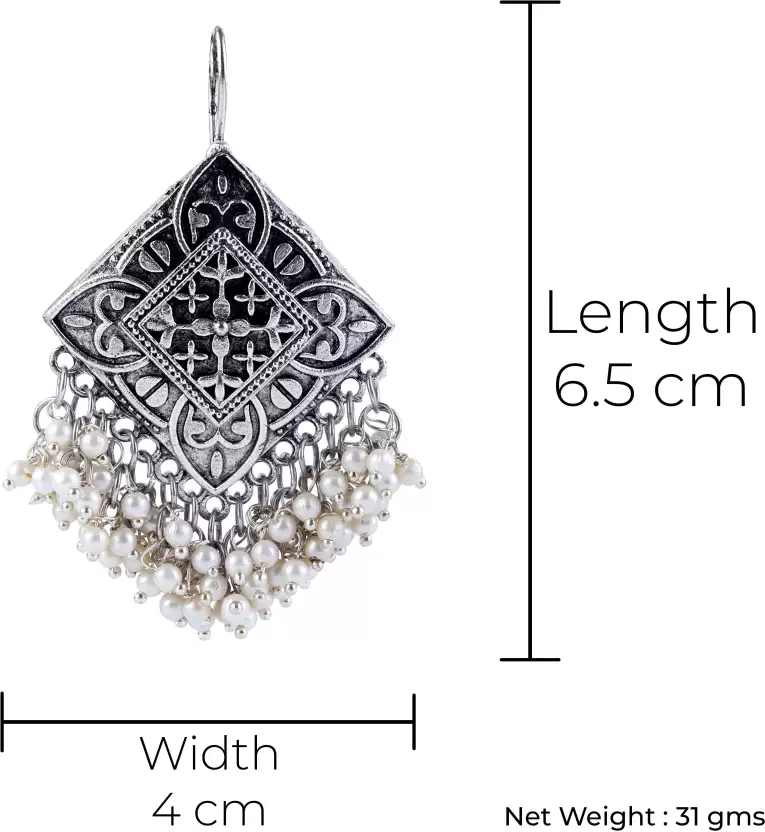 Oxidised silver-tone geometric pearl tassel earrings