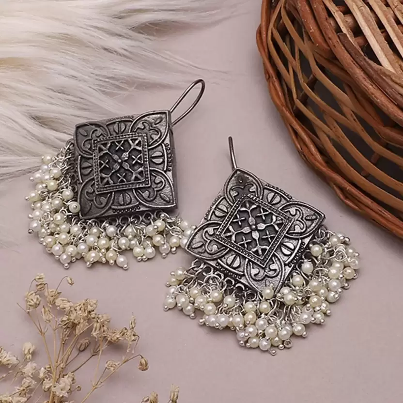 Oxidised silver-tone geometric earrings with pearl fringe detail