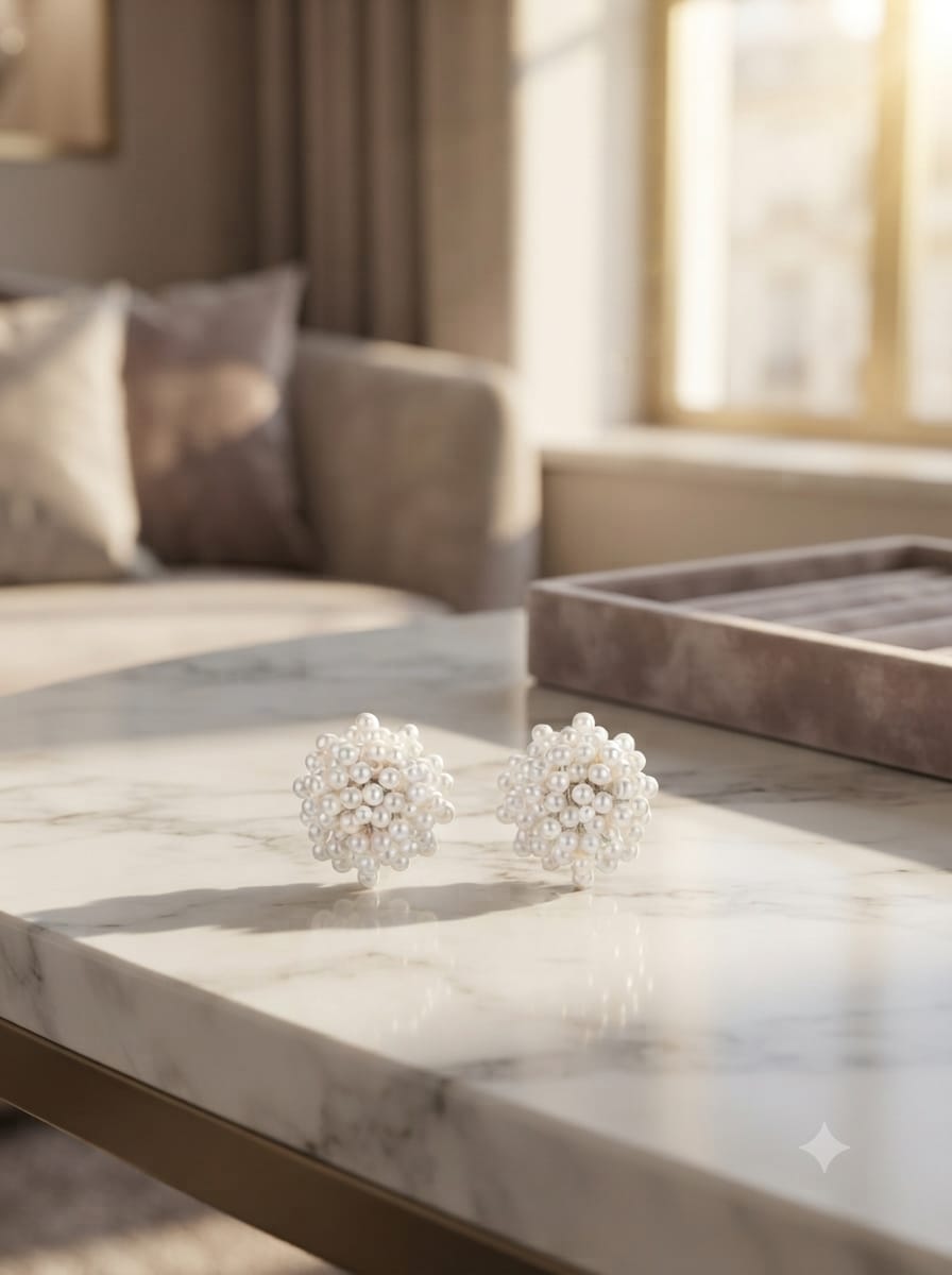 White pearl beaded stud earrings worn close-up
