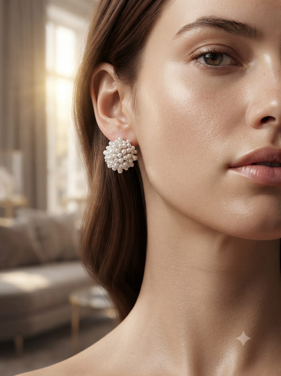 White pearl beaded stud earrings lifestyle view