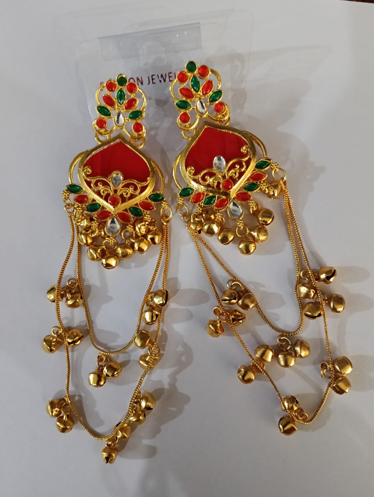 Red and green traditional long jhumka earrings