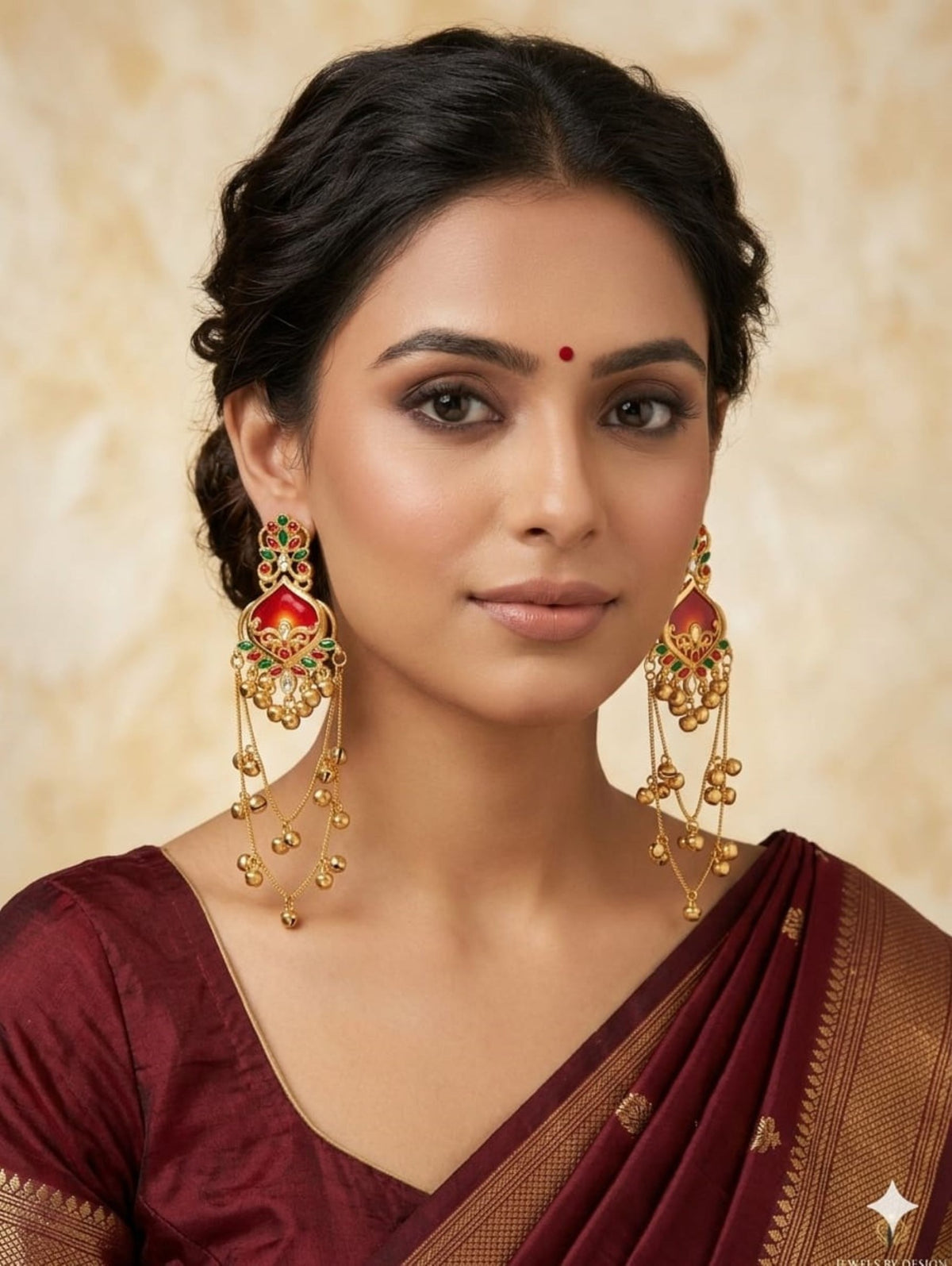 Red and green traditional long jhumka earrings worn on model