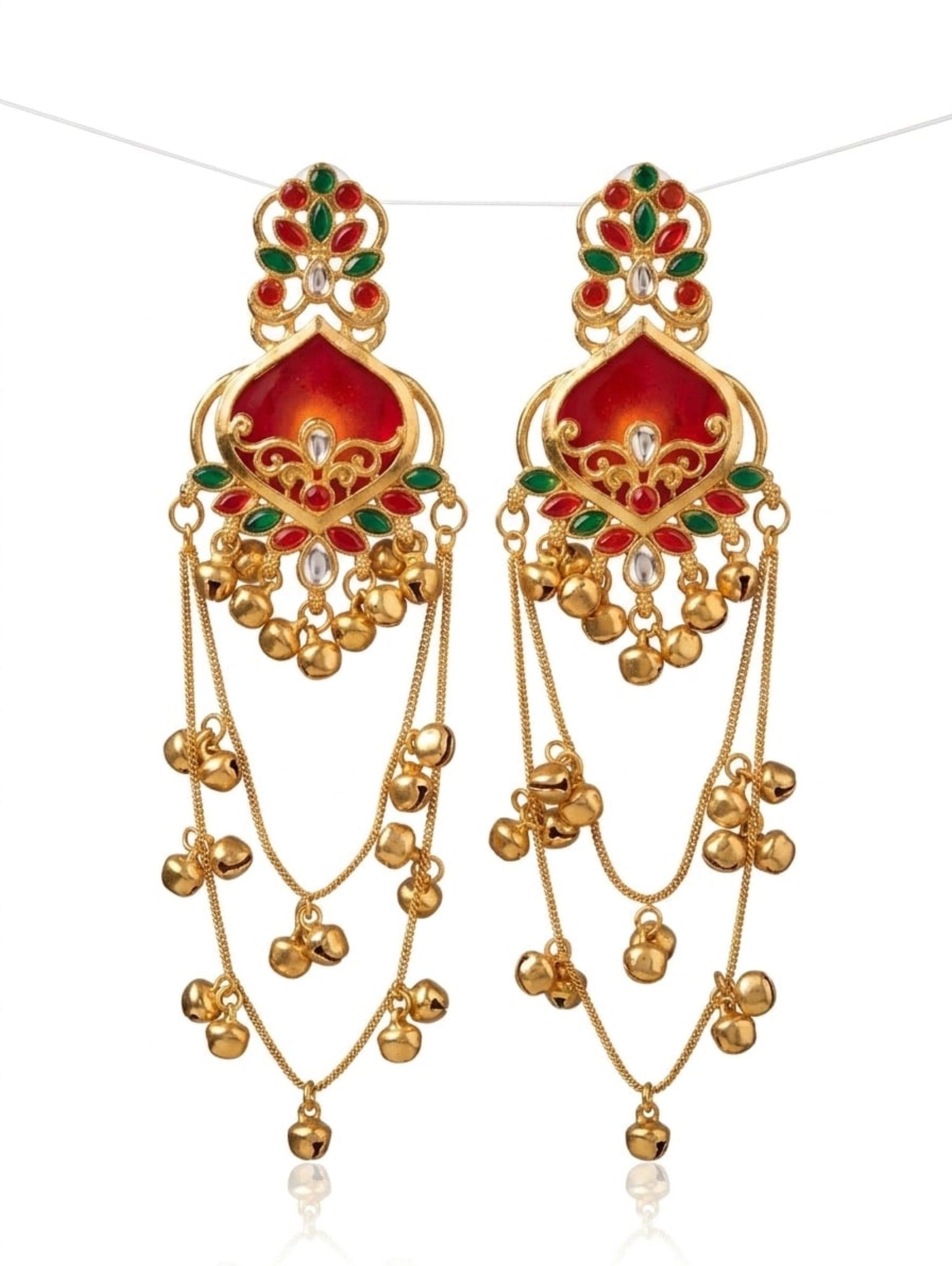 Red and green traditional long jhumka earrings product view