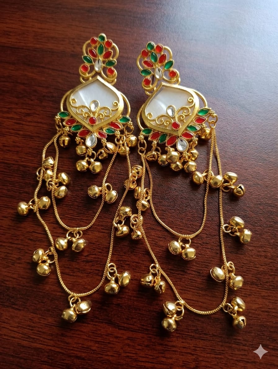 White red and green traditional long jhumka earrings with gold-tone bell charms