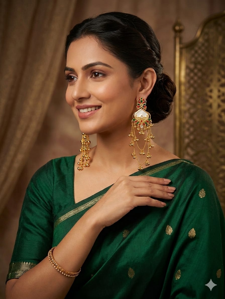White red and green traditional long jhumka earrings displayed on a dark wood background