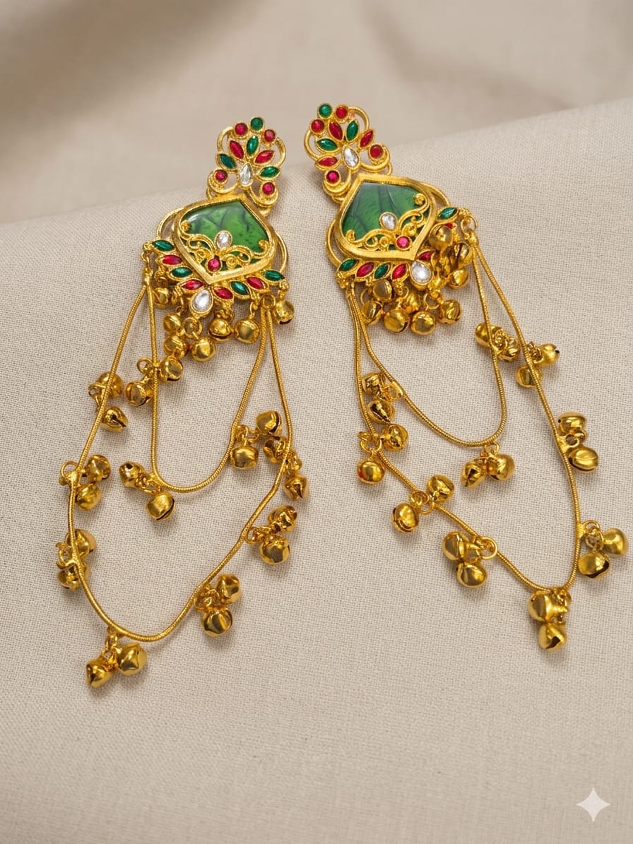 Green red and gold traditional long jhumka earrings with dangling bell charms
