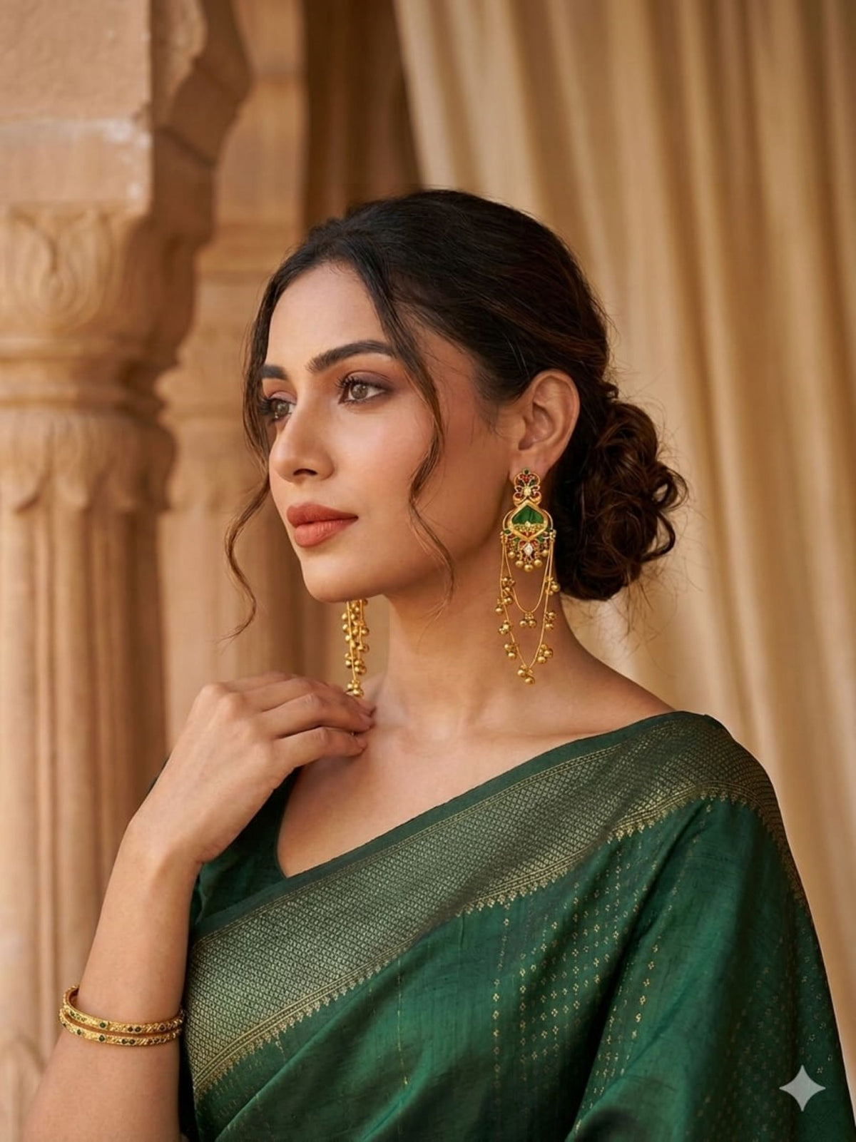 Green red and gold traditional jhumka earrings styled with a green saree